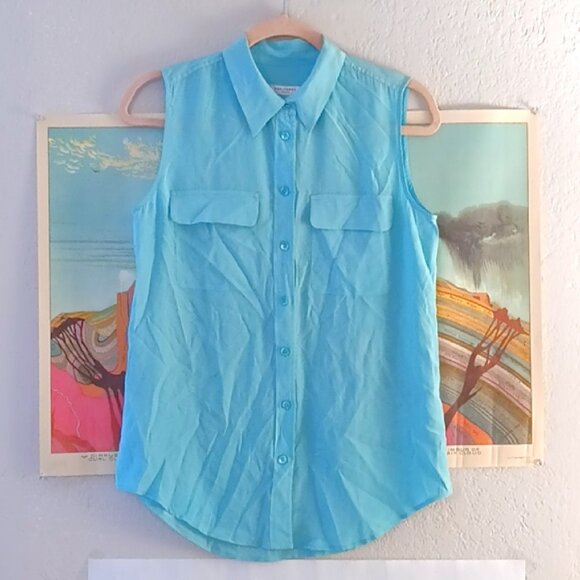 Equipment Femme 100% Silk Aquamarine Blue Button Up Sleeveless Blouse Size Small - Picture 1 of 4